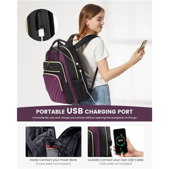 Laptop Backpack Purse for Women, 15.6" Laptop Bag for Travel with USB - Picture 6 of 7